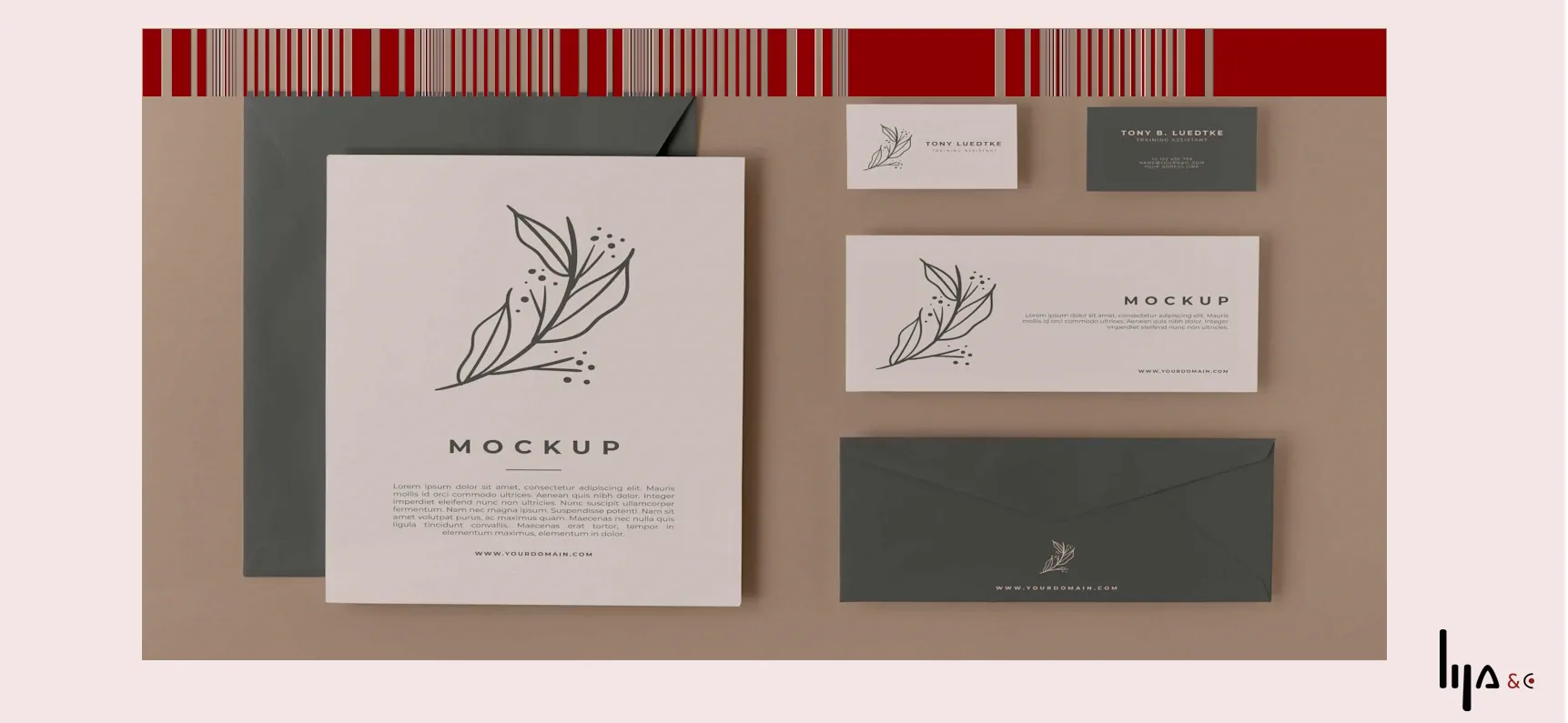 Brand identity mock-up: letterhead, envelopes and business cards