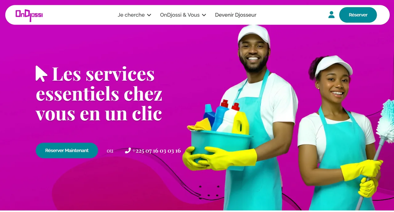Screenshot of the OnDjossi website, a home services booking platform