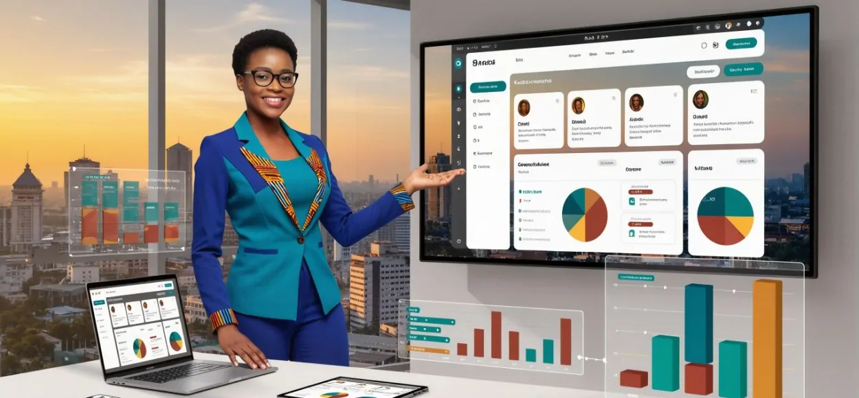 African businesswoman presenting a dashboard on a large screen