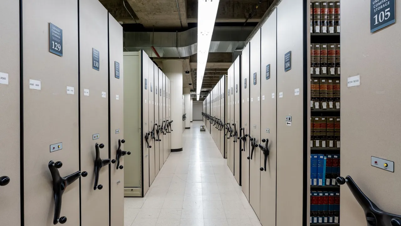 Aisle of mobile shelving in an archive store